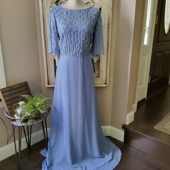 JS Collections Lauren A-Line Gown Short Flutter Sleeves Floral Beaded Motifs - Picture 2 of 11